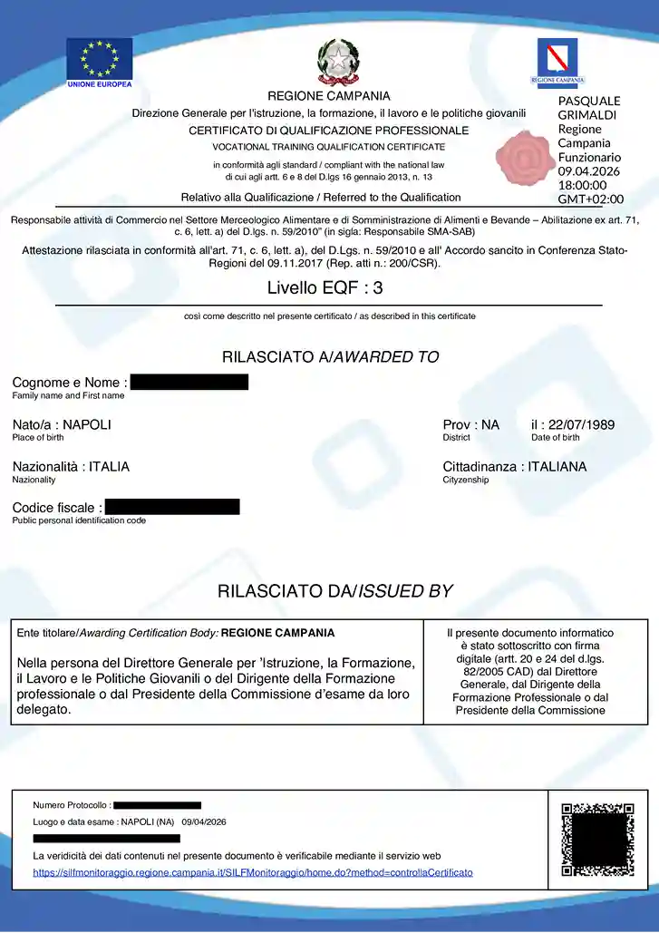 Fac-simile del certificato